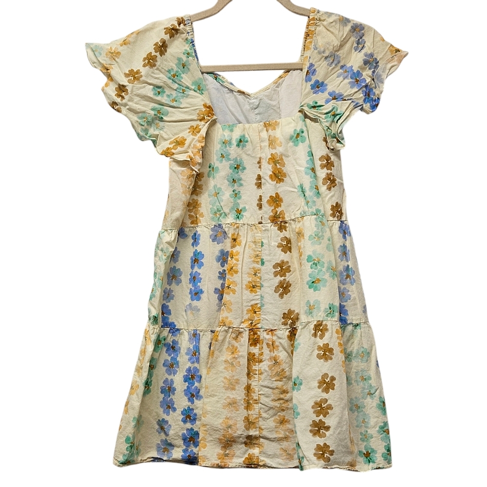 Zara Cream Floral Tiered Dress with Blue, Green & Gold Flowers